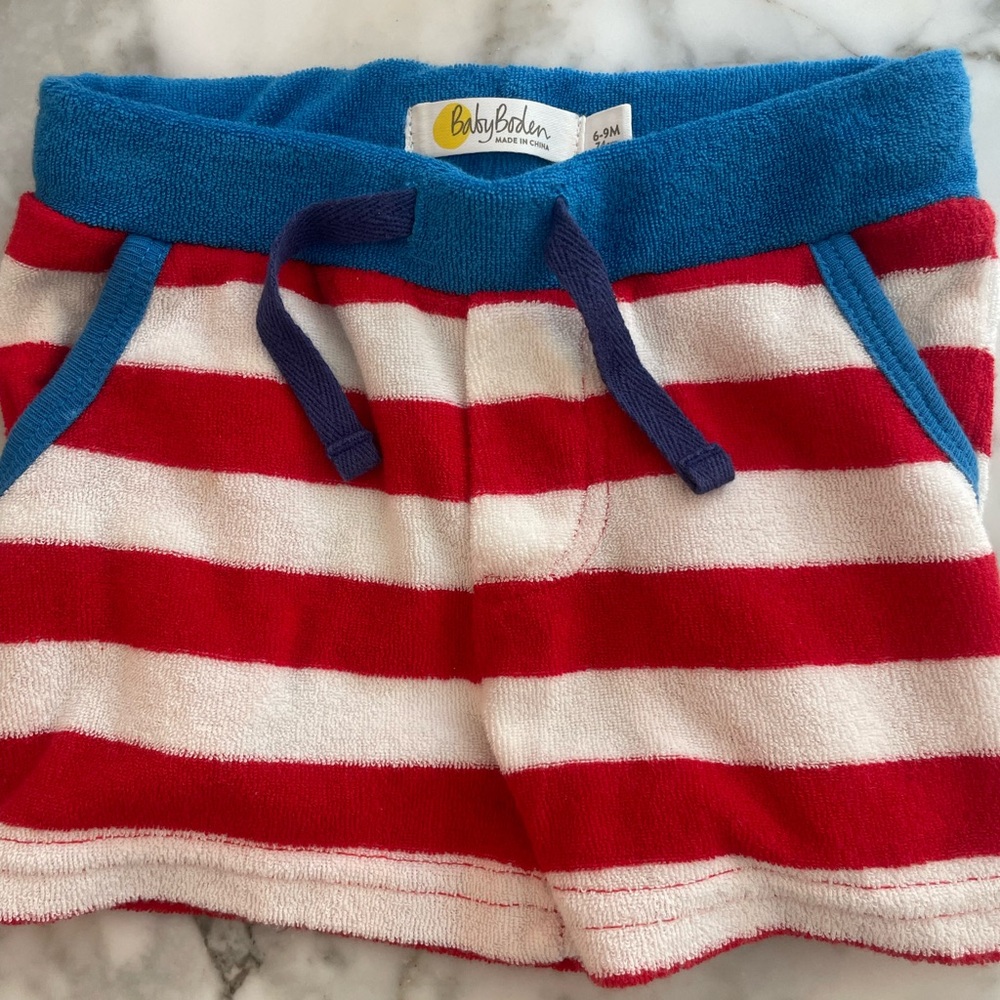 Baby Boden Red and White Striped Shorts